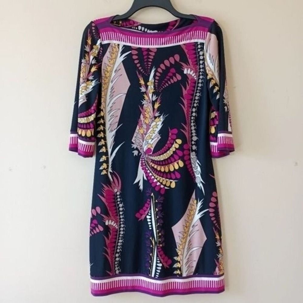 Cache Retro Print Resortwear Short Dress Sz 4‎ BoatNeck 3/4 Sleeve Sheath Travel